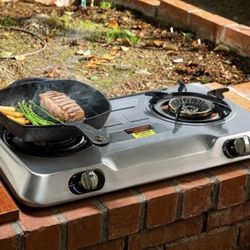 2 Burner Propane Stove, Portable Stainless Steel Auto Ignition Gas Cooktop, Included Gas Pressure Regulator, Suitable For Backyard Patio Cooking Home 