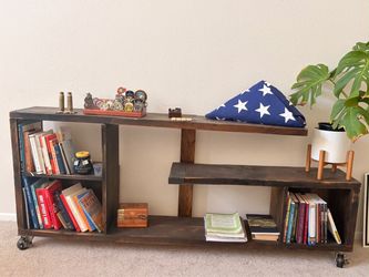 Dark Stained Wood Bookshelf on Casters