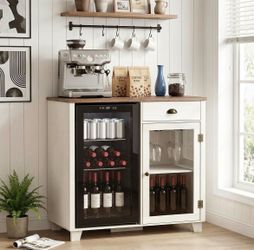 41.7" Mini Fridge Cabinet, Coffee Bar Cabinet with Storage, White Fits 19.7" Wine Bar Cabinet, Coffee Station, Mini Fridge Compatible, Built In Chargi