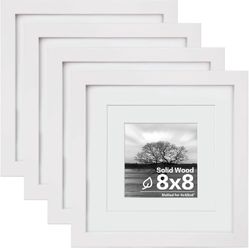 Egofine 8x8 Picture Frames 4 PCS - Made of Solid Wood for Table Top Display and Wall Mounting Photo Frame for Pictures 4x4 with Mat White