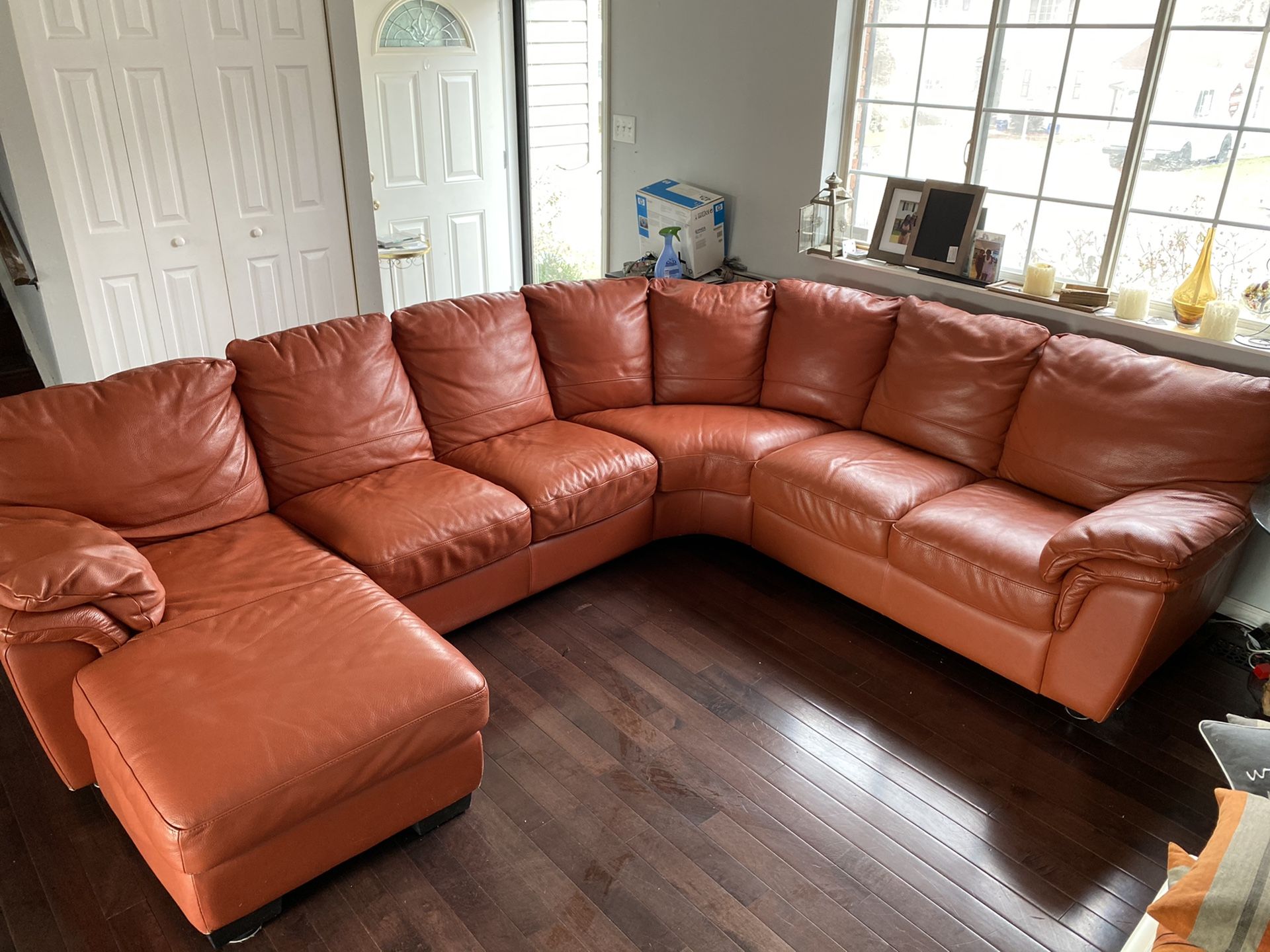 Orange leather outlet sectional sofa