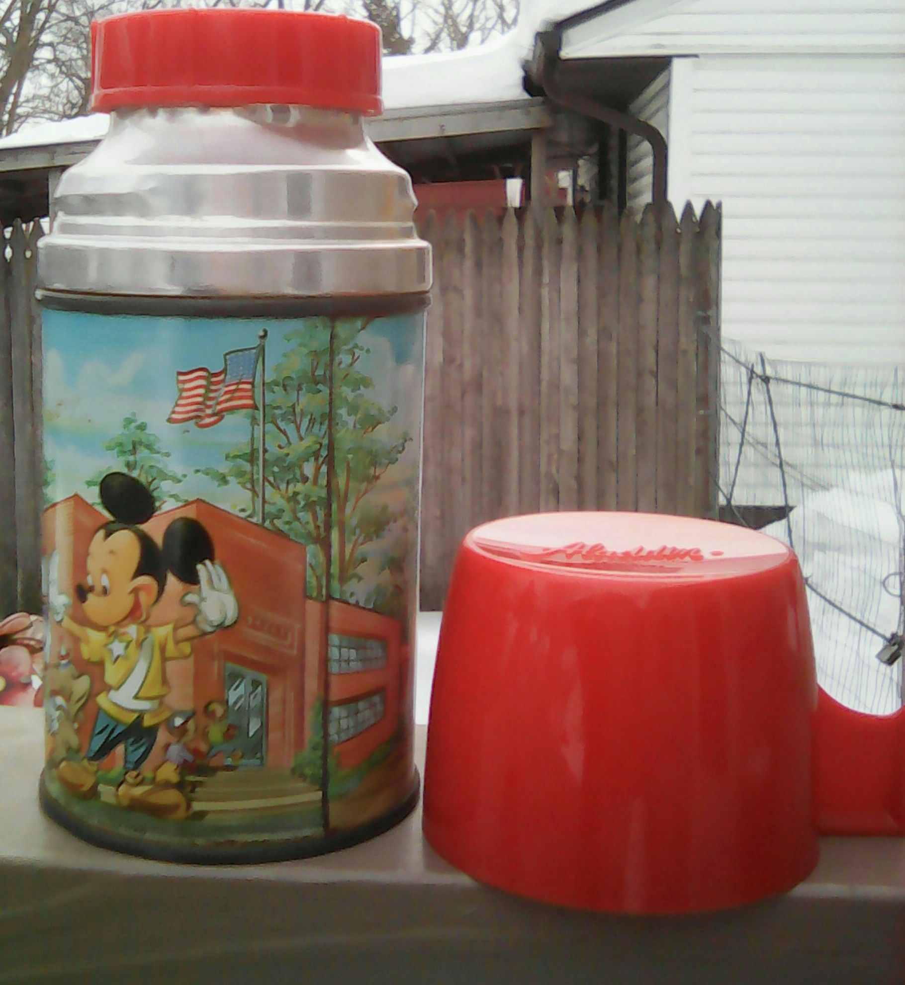Vintage Mickey Mouse school bus metal thermos Walt Disney