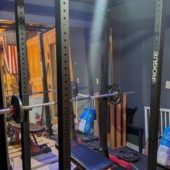 Rogue Rack With Weights, Bar, Hi/low Pulley, Ect