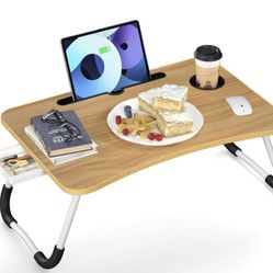 Foldable Laptop Bed Table Tray, Folding Lap Desk with Cup Holder, Portable Serving Breakfast Tray/ Workstation