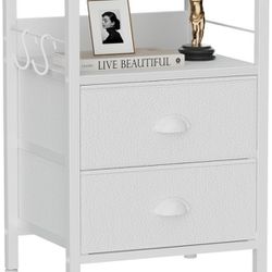 Nightstand with 2 Fabric Drawers, White Bedside
Table