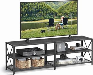 TV Console for TVs Up to 70 Inches, TV Table, 63 Inches Width, TV Cabinet with Storage Shelves, Steel Frame, for Living Room, Bedroom, Black with Wood