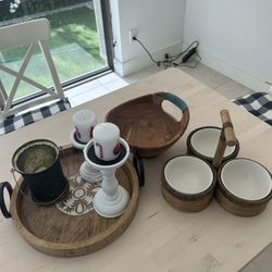 BAMBOO TRAY, CANDLE HOLDERS AND CANDLES SET