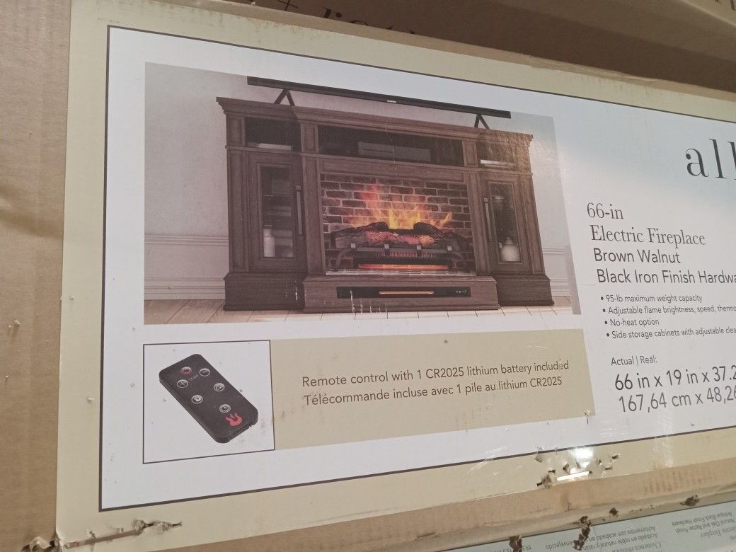 NEW Allen Roth 66" Electric Fireplace Brown Walnut Black Iron Finish Hardware 