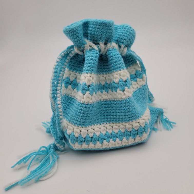 Vintage Fringed Knitted Drawstring Bag In Aqua/Teal Blue And White