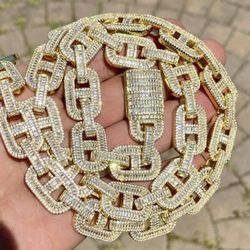 Men’s Designer 18” 15mm Link Chain Baguette Necklace, 14K  Gold 5X Layered Cuban Chain, Bling Necklace, CZ Diamond Choker, ICY Necklace 