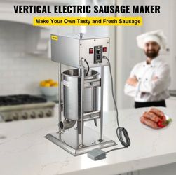 Electric 25L Vertical Meat Stuffer Maker Variable Speed, Stainless Steel Sausage Filler Machine with 5 Filling Funnels for Home Restaurant Use, Silver