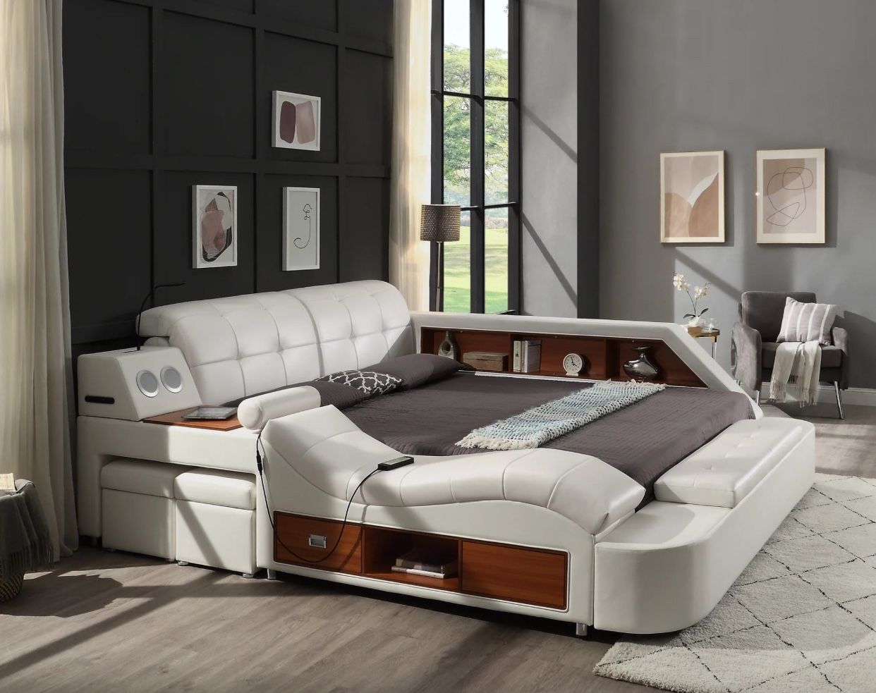 QUEEN MULTIFUNCTIONAL WHITE LEATHER BED (ART) $899 FREE LOCAL DELIVERY