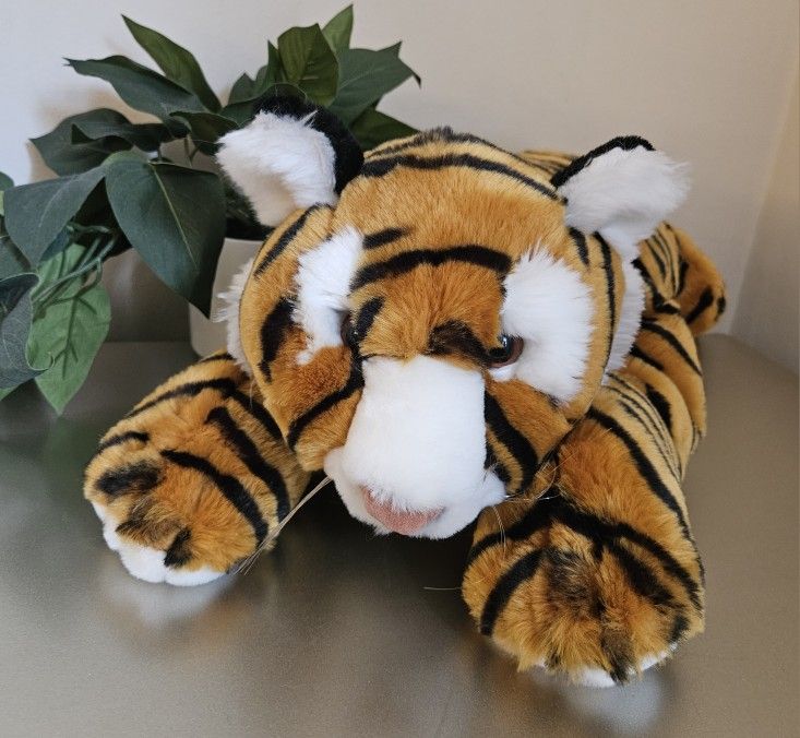 Tiger cat Plush Animal Alley Toys R Us Stuffed Soft plush toy orange black Perfect for cuddling. approximately 23"l x 9"h x 11"w