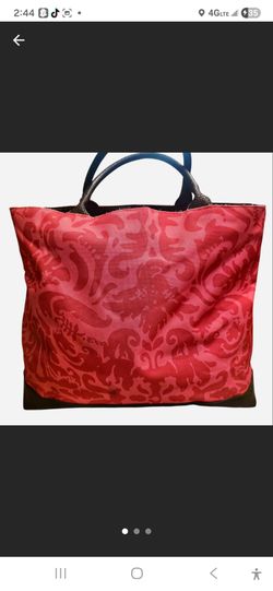Pink Floral Tote Bag with Brown Leather-Like Accents