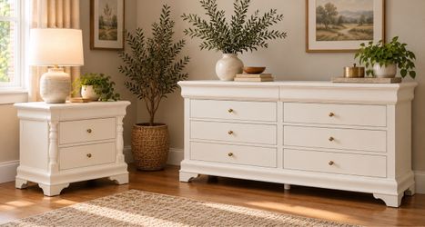 Elegant wood 8-drawer dresser, and matching 3-drawer nightstand.