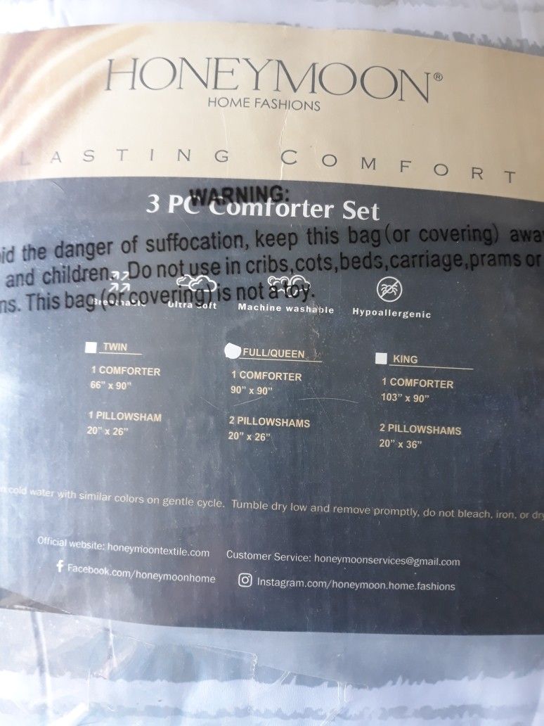 HoneyMoon 3 PC. Comforter Set Queen size Light Gray and White in Color
