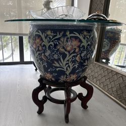 Beautiful Large Asian Chinese Chinoiserie Koi Fish Planter Table On Wooden Pedestal Stand. Fabulous. Use As Pot For Tree Or As A Side Or End Table. 