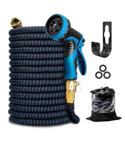 50ft Flexible Garden Hose, Water Hose for Outside with 10 Spray Nozzles, Brass Connector, Leak-Proof, Blue, Father's Day Gifts
