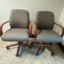 Pair Of Wooden Upholstered Rolling Chairs