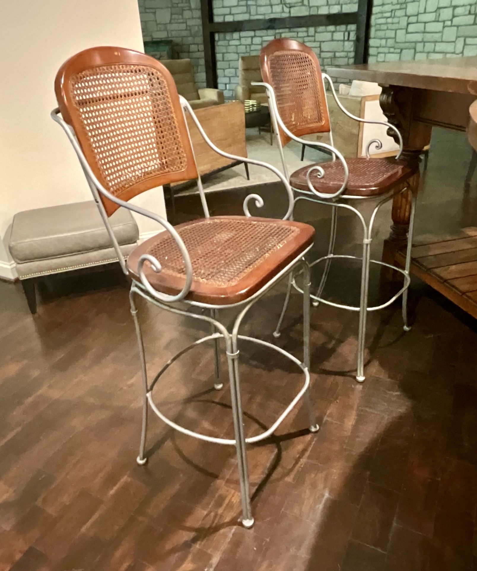 Pair Of Drexel Heritage Wrought Iron & Cane Swivel Bar Stools