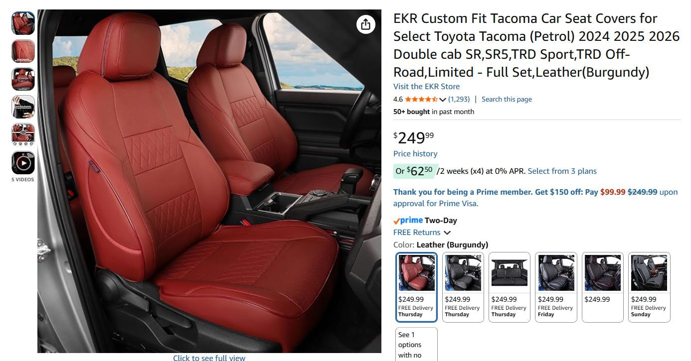 Toyota Tacoma (Petrol) 2024-26 Double Cab SR, SR5, TRD Sport, TRD Off-Road, Limited EKR Car Seat Covers *Full Set* PU Leather Burgundy
