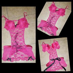 NWOT NEW WITHOUT TAGS HOT PINK BLACK RIBBON BOW LACE BABYDOLL MINIDRESS LINGERIE MINI DRESS TEDDY ONE PIECE ONESIE APRON ADJUSTABLE SIZE LARGE L