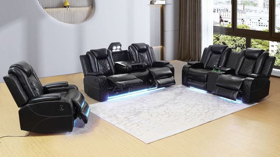 Brand New Motorized Eletric Black Faux Leather Recliner Sofa Loveseat Special With LED Lights