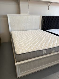 White Wood Bed Frame with Mattress
