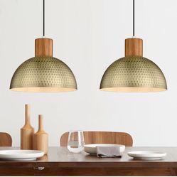 ELYONA 2 Pack Pendant Light Fixtures, Vintage Hammered Metal & Wood Dome Hanging Lamp, Antique Gold Industrial Kitchen Pendant Lights for Island, Farm