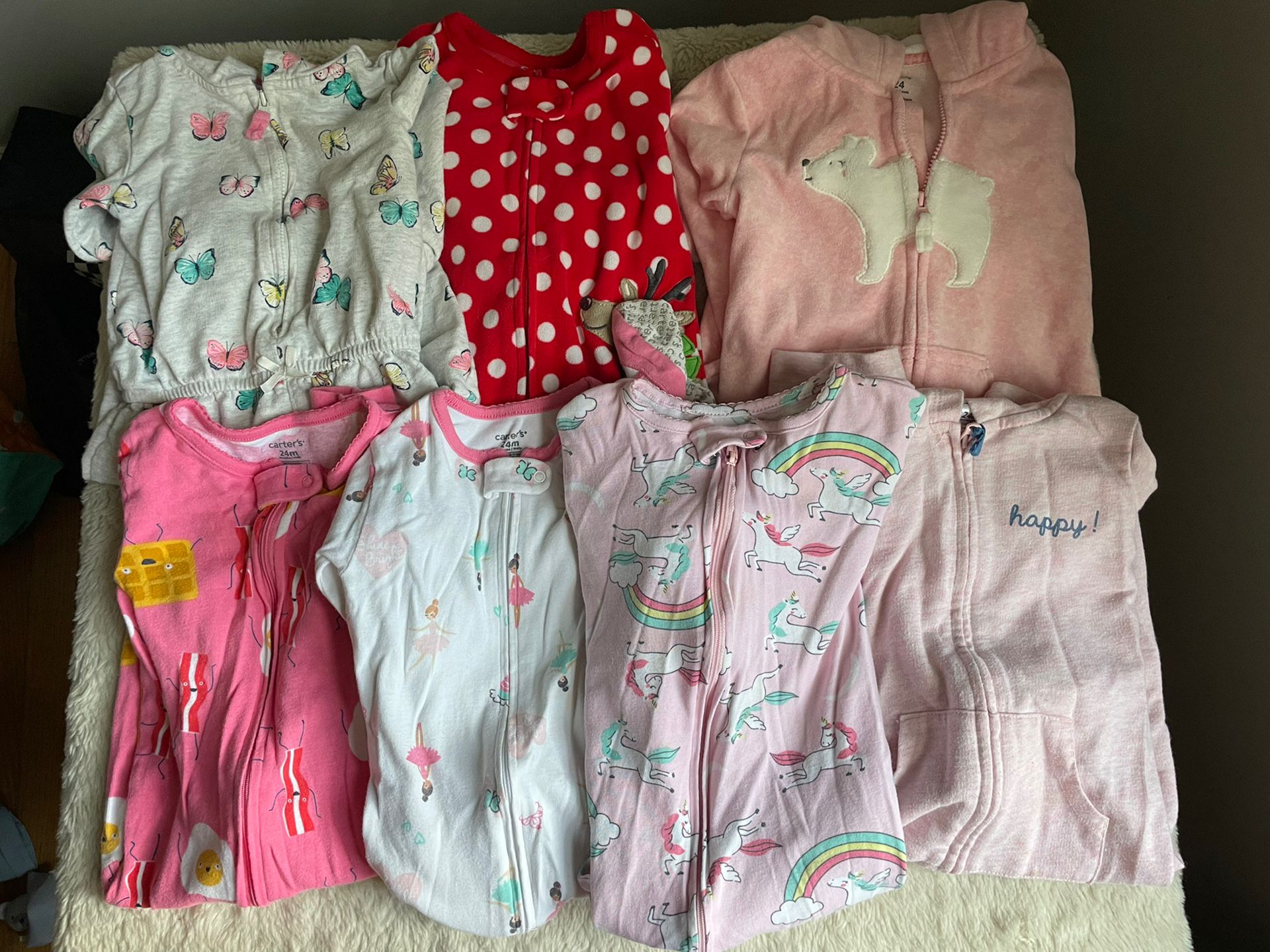 Carter’s Baby Girls Size 24 Months Outfit Pajamas LOT Cotton Fleece Hooded 