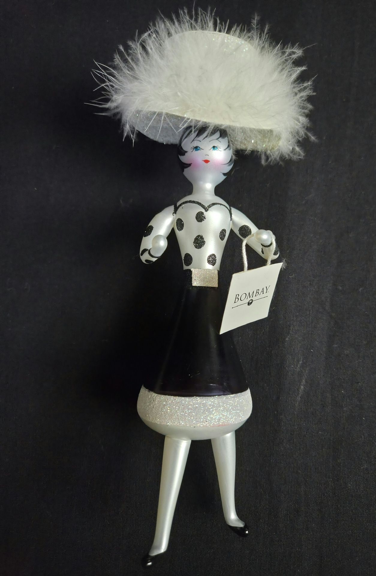 Vtg Signed Piera C Blown Glass Ornament Lady In Black&White Polka Dot Dress8.25"