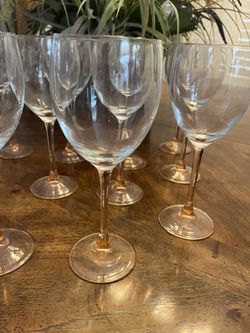 12 Vintage Peachy Rose Stem Wine Glasses/France