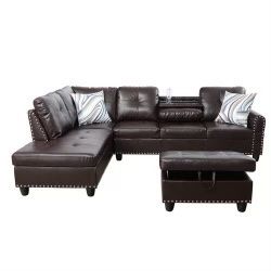 Dark Brown Sectional COUCH With Ottoman 