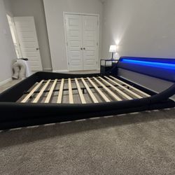 Leather Platform, LED Light Bed With Wooden Slats -Queen 