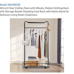 68 Inch Floor Clothes Rack with Wheels, Mobile Clothing Rack with Storage Basket Standing Coat Rack with Hooks Black for Bedroom Living Room Cloakroom