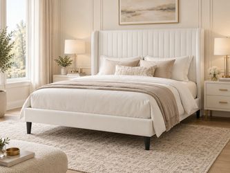 Full bed Velvet Bed Frame, Tufted Wingback Headboard, White 47'' Modern Vertical Channel Headboard, Upholstered Platform Bed, Wood Slats, No Box Sprin