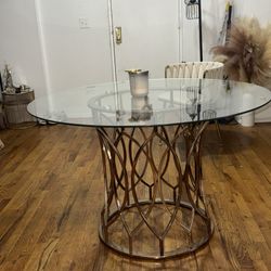Modern Glass Dining Table – Gold Metal Bas