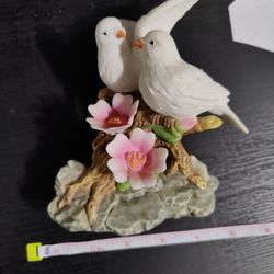 Figurine of 2 White Turtle Bird Doves On  a Tree Branch Flowers