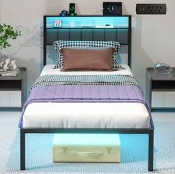 Twin Bed Frames with Charging Station and LED Lights, Twin Size Platform Bed