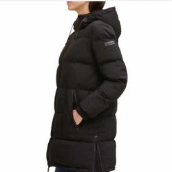 DKNY Women's Sz L Quilted Hooded Zip Front Jacket Black