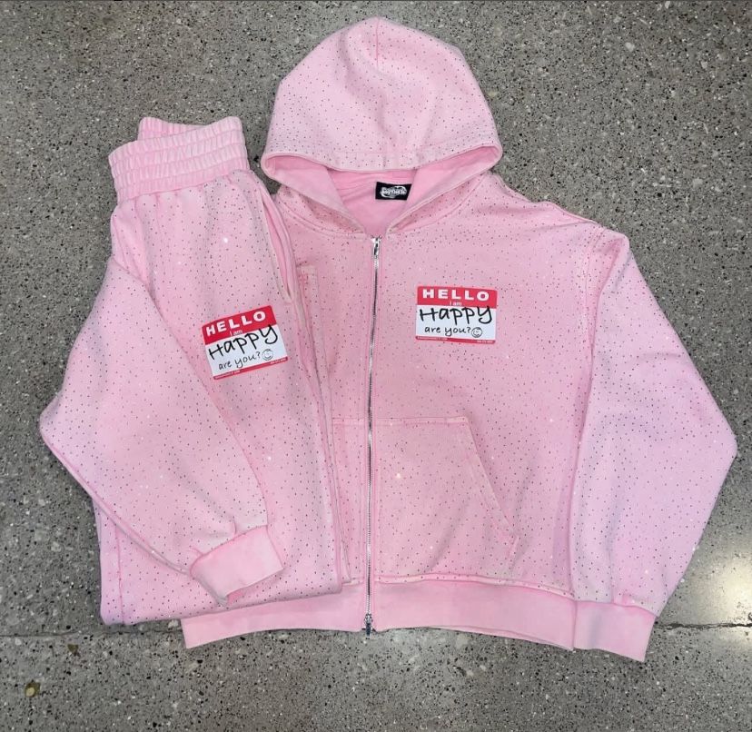 Pink Glitter “Hello Happy” Zip-Up Set