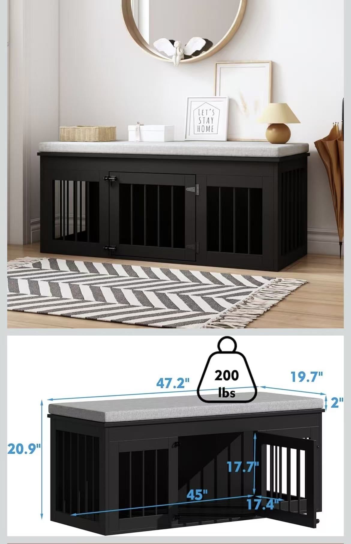 Dog Crate Furniture for Small Medium Dogs, Large 47.2" Wooden Dog Kennel, End of Bed Bench Ottoman with Cushion, Indoor Furniture Style Dog Crate Hous