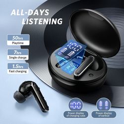 Black True Wireless Microphone Stereo Earbuds Bluetooth 5.1 Waterproof LED Display 50 Hours Playtime Touch Control + Charging Case Sealed NIB