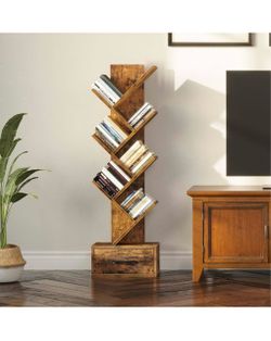 Rustic Farmhouse 7-Shelf Tree Bookshelf with Storage Drawer | Dark Walnut