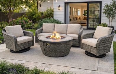 new in box patio set with 60” fire pit