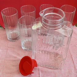 Nice Unique Ribbed Glass Pitcher And Glasses From France!