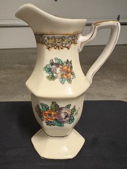 Vintage Noritake Pitcher, Floral Center, Gold Trim