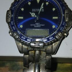 BENRUS Watch Silver Tone Stainless Steel Classic Blue Dial 100 FT