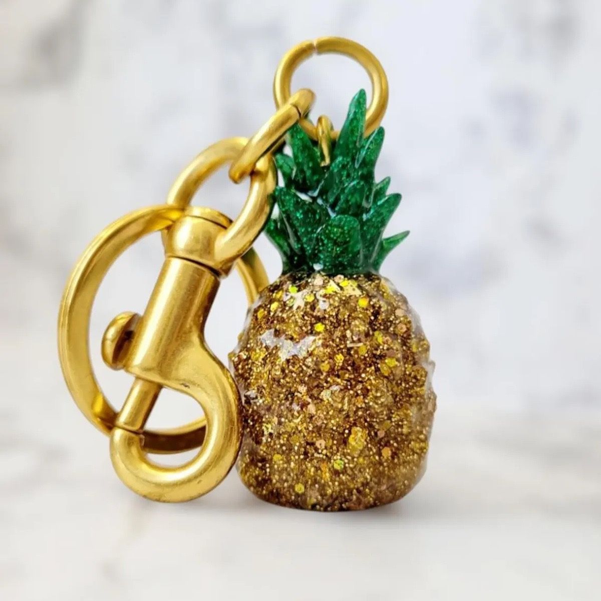 Gold Glitter Pineapple Resin Key Chain, Green & Gold, 5.24 in, Strong Metal Clip