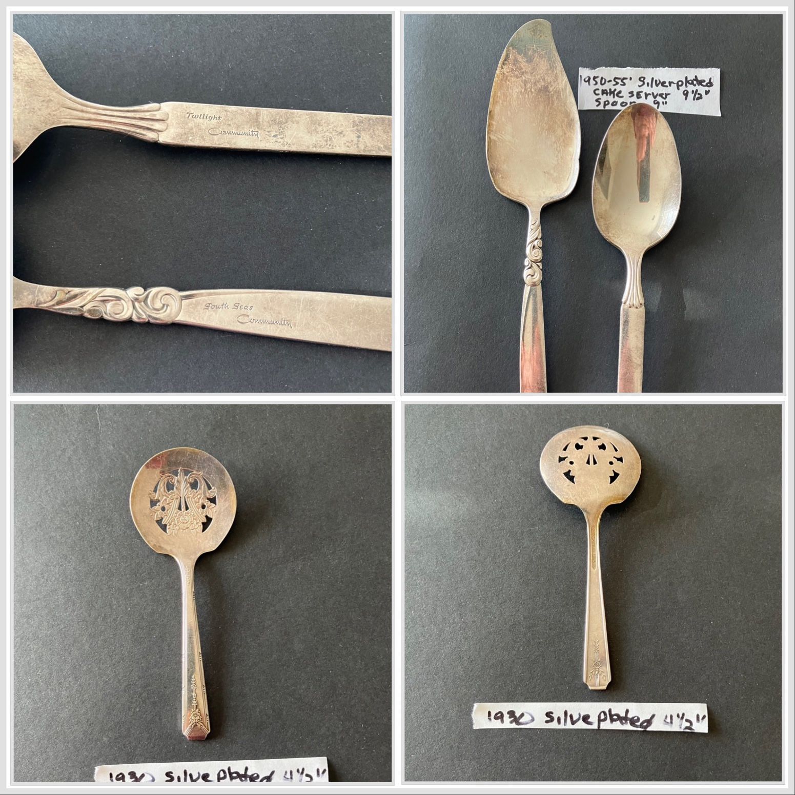 1930-50 Silver Plated Cake Server (9.5”) Spoon(9”) And decorative Spoon (4.5”)